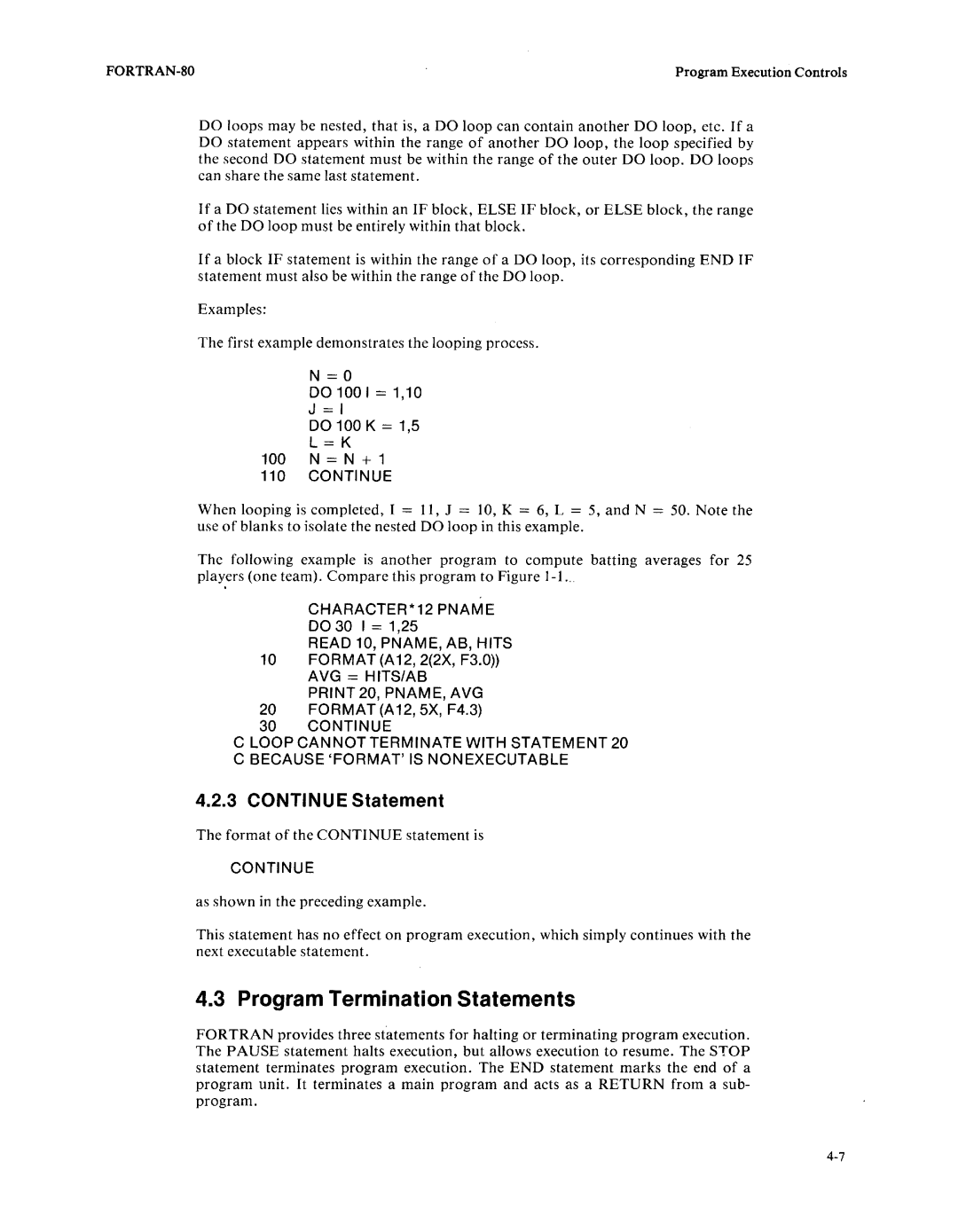 Intel fortran-80 manual Program Termination Statements, 4.2.3CONTINUE Statement 