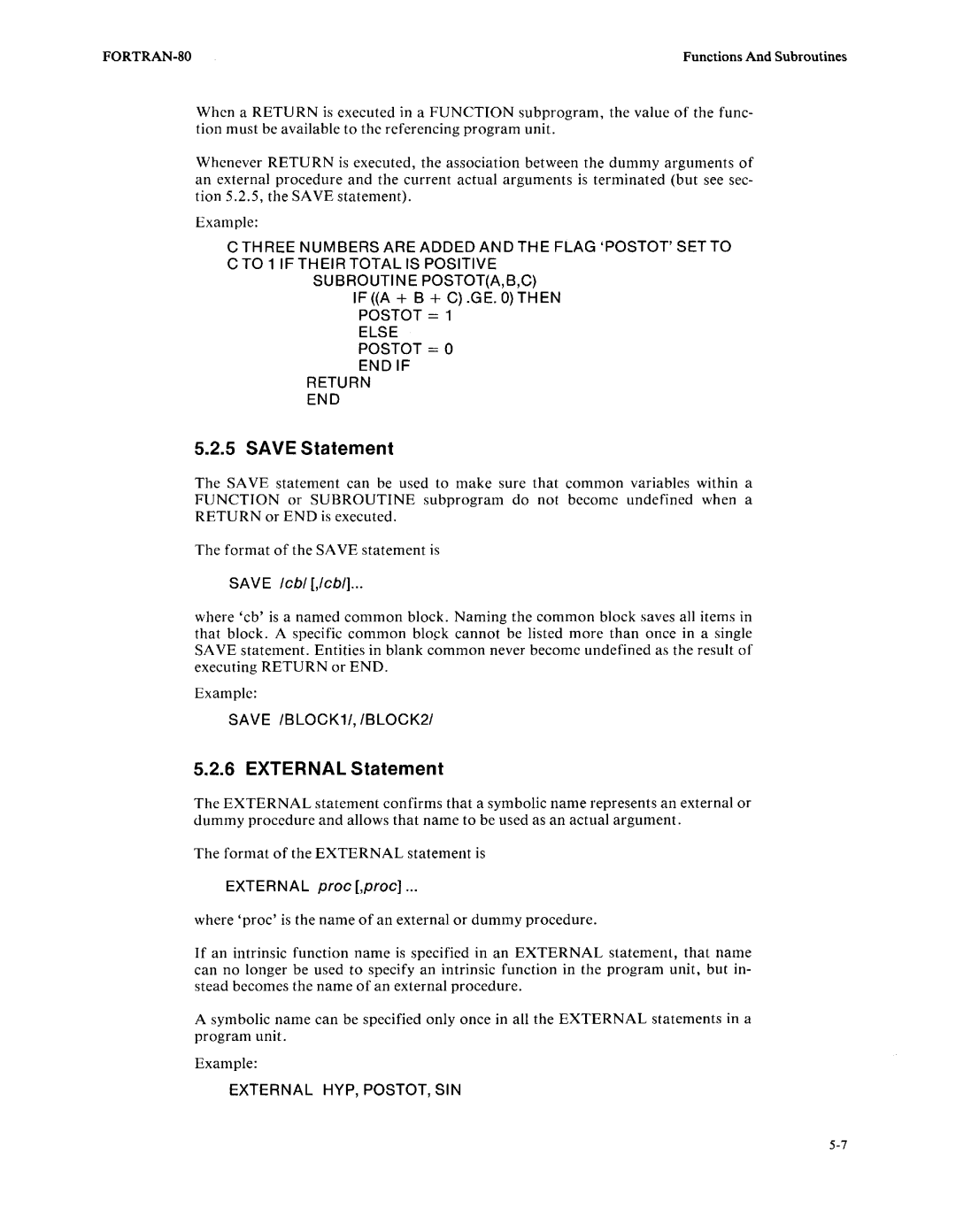 Intel fortran-80 manual 5.2.5SAVE Statement, 5.2.6EXTERNAL Statement, SAVE lebl ,Iebl, EXTERNAL proe ,proe 