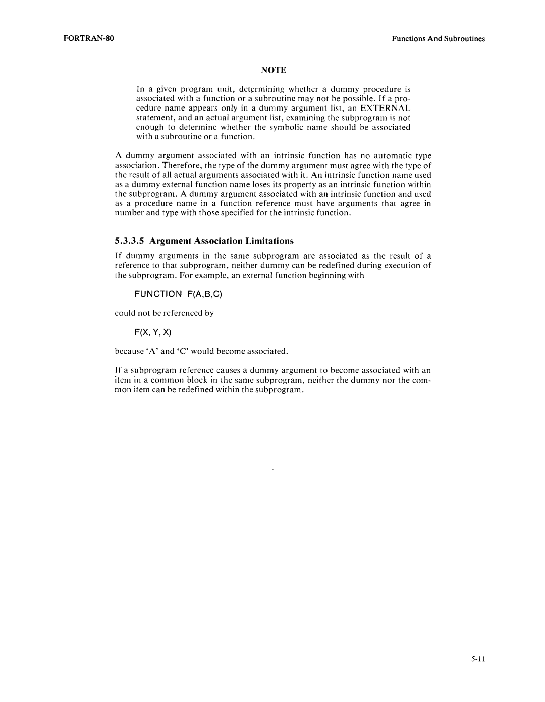 Intel fortran-80 manual 5.3.3.5Argument Association Limitations, Fx, Y 