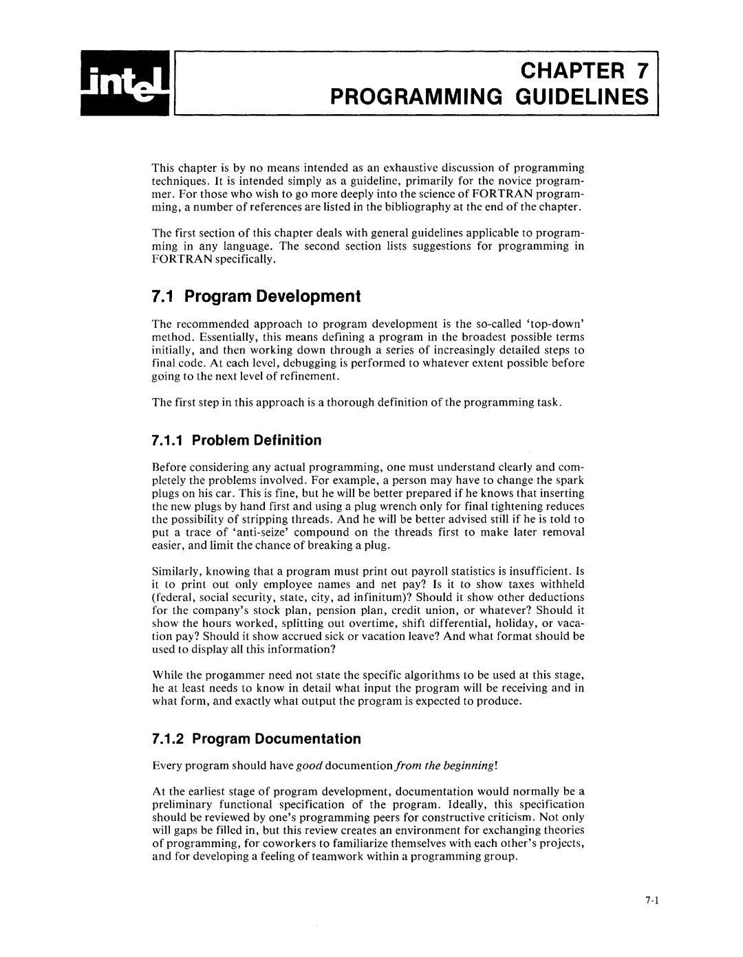 Intel fortran-80 manual Chapter Programming Guidelines, Program Development, Problem Definition, Program Documentation 