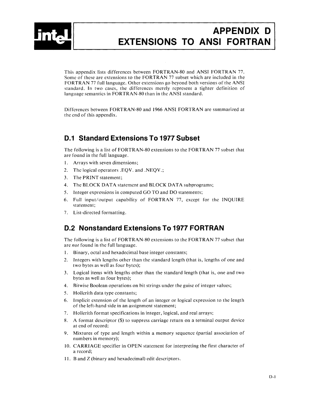 Intel fortran-80 manual Appendix D Extensions to Ansi Fortran, Standard Extensions To 1977 Subset 