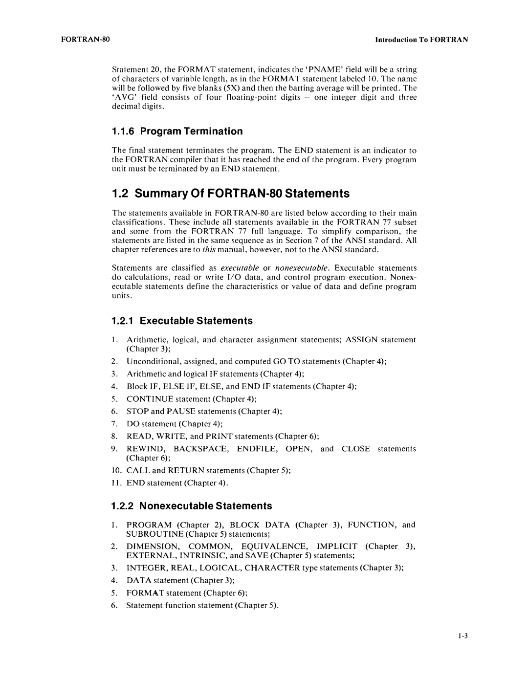 Intel fortran-80 Summary Of FORTRAN·SO Statements, Program Termination, Executable Statements, Nonexecutable Statements 