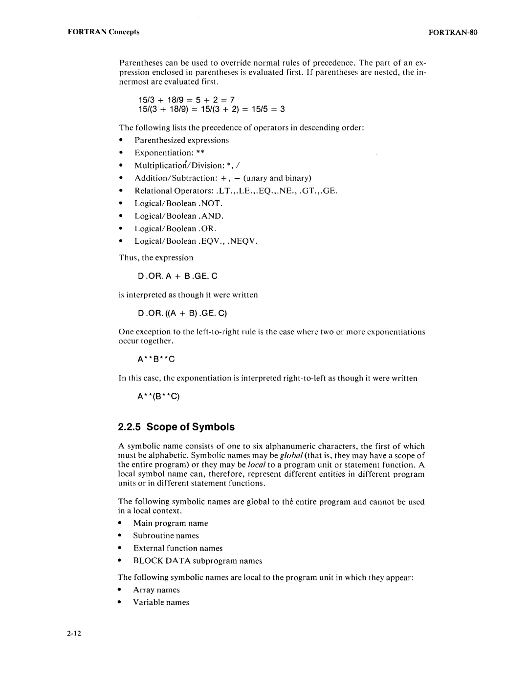 Intel fortran-80 manual Scope of Symbols, 15/3 + 18/9 = 5 + 2 = 15/3 + 18/9 = 15/3 + 2 = 15/5 = 