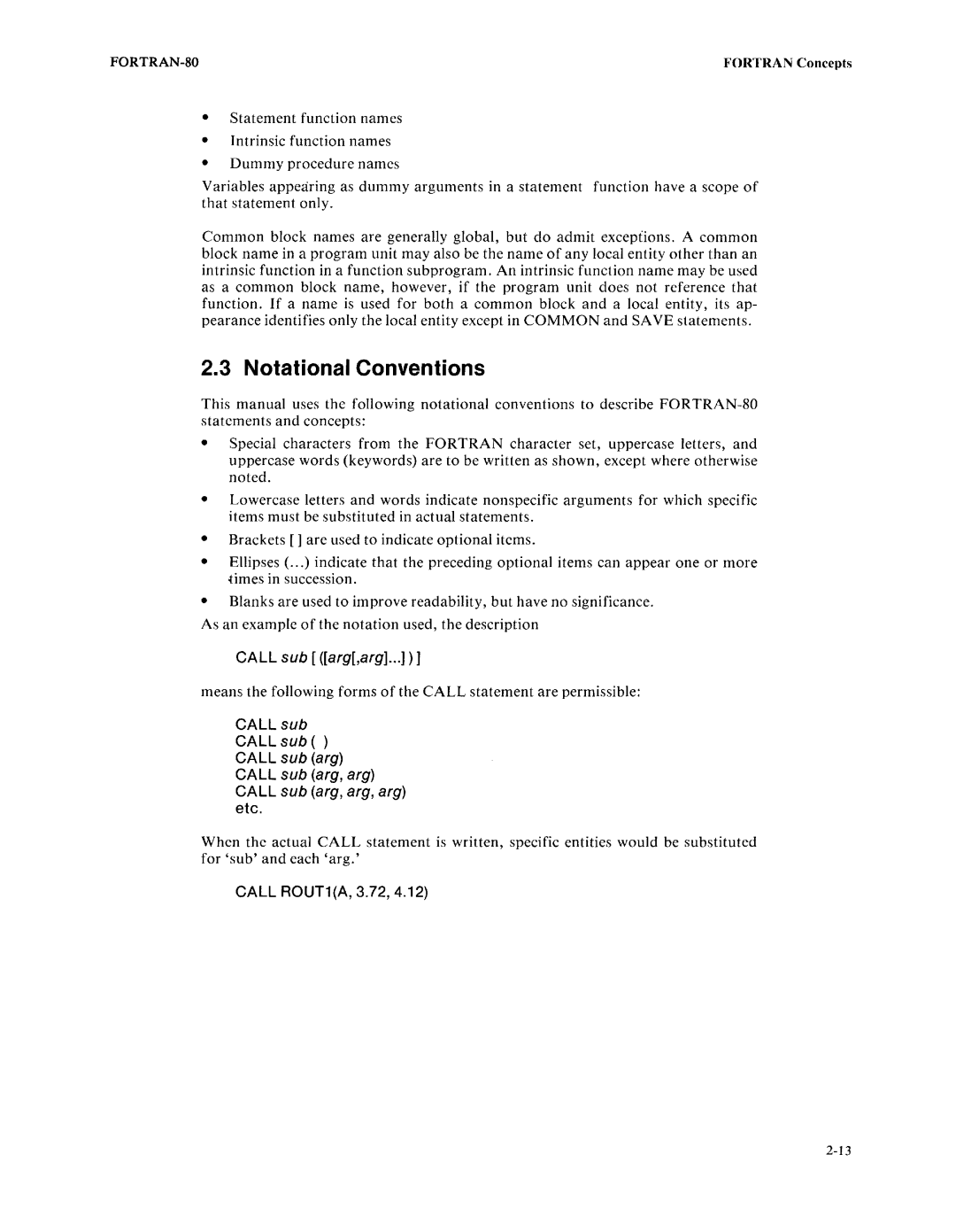 Intel fortran-80 manual Notational Conventions, Call sub arg,arg, Call ROUT1A, 3.72 