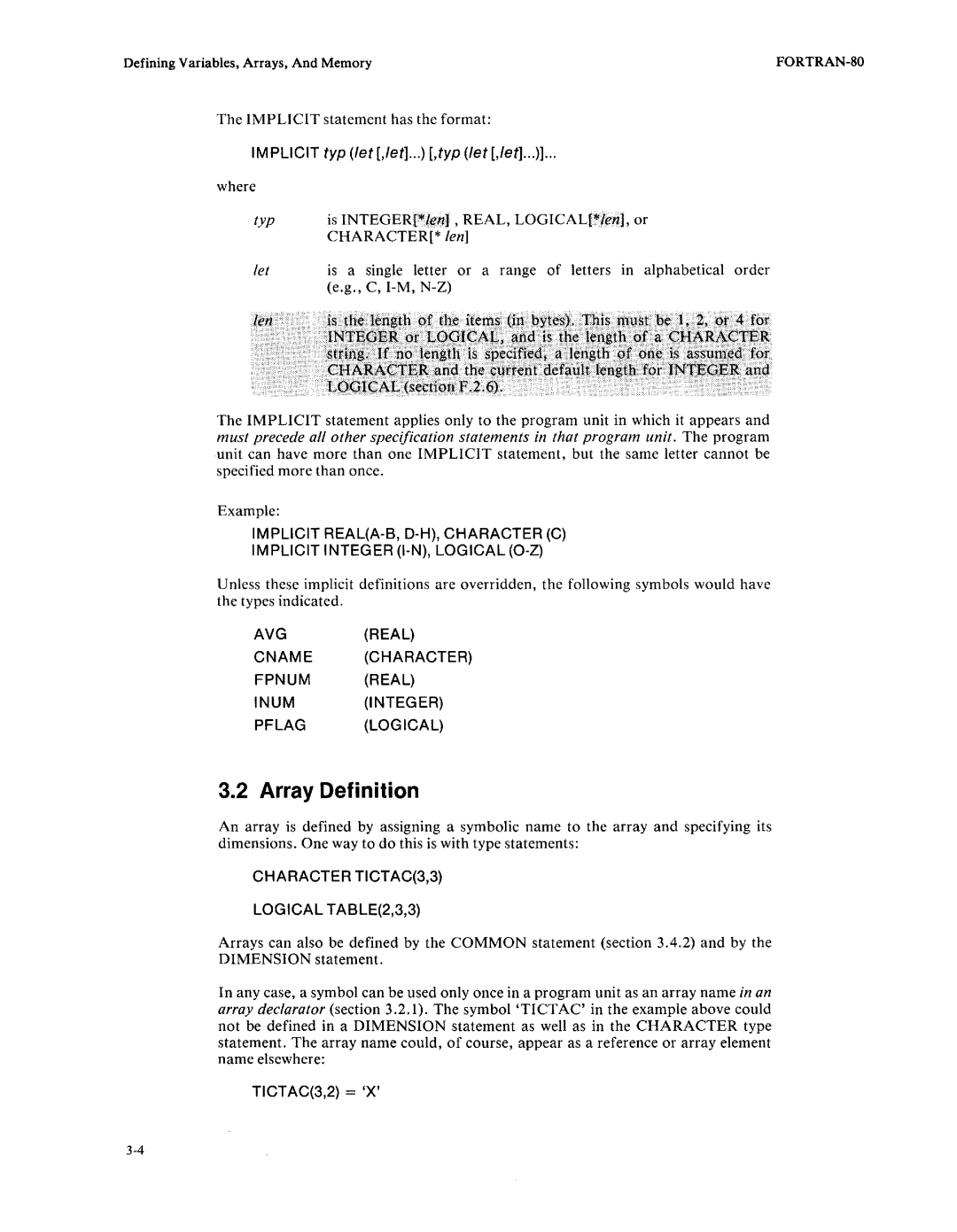 Intel fortran-80 Array Definition, Implicit REALA-B, D-H, Character C, Implicit Integer I-N, Logical O-l, TICTAC3,2 = 