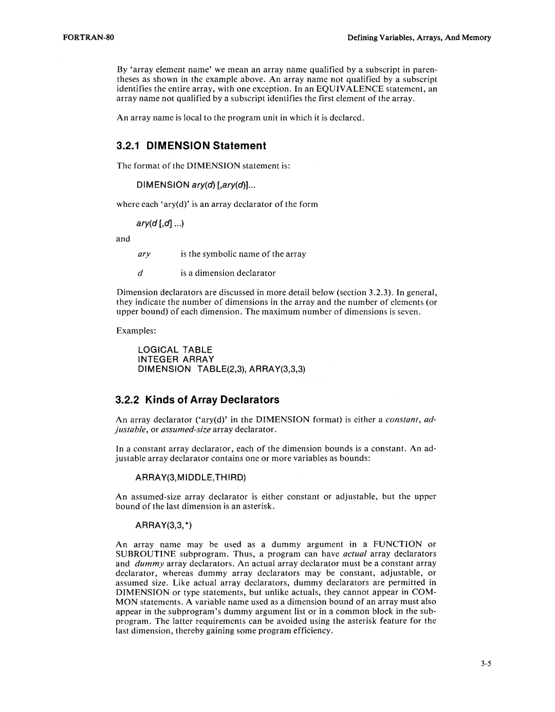 Intel fortran-80 Dimension Statement, Kinds of Array Declarators, Logical Table Integer Array Dimension ,3, ARRAY3,3,3 