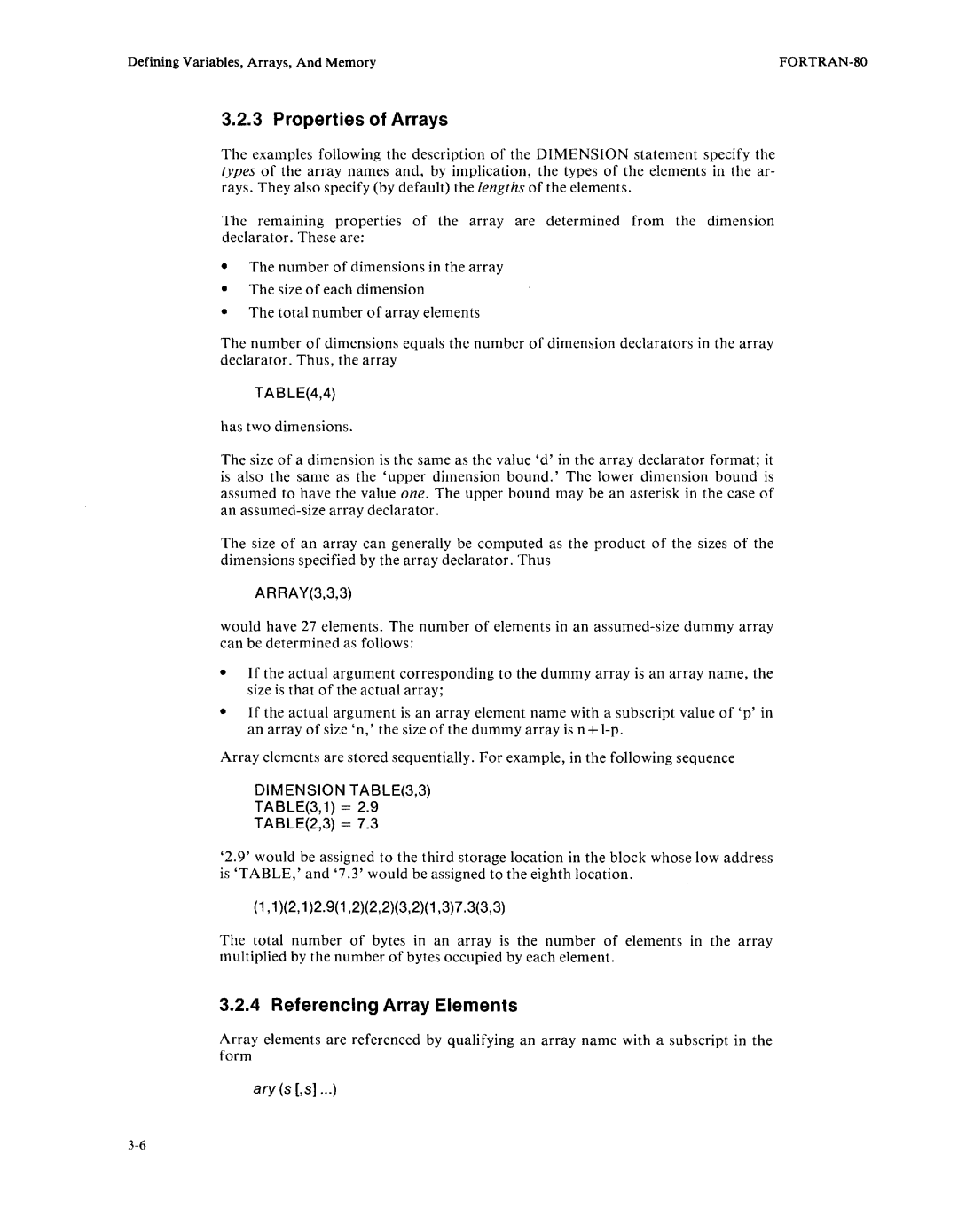 Intel fortran-80 manual Properties of Arrays, Referencing Array Elements, Dimension ,3, Ary s ,s 