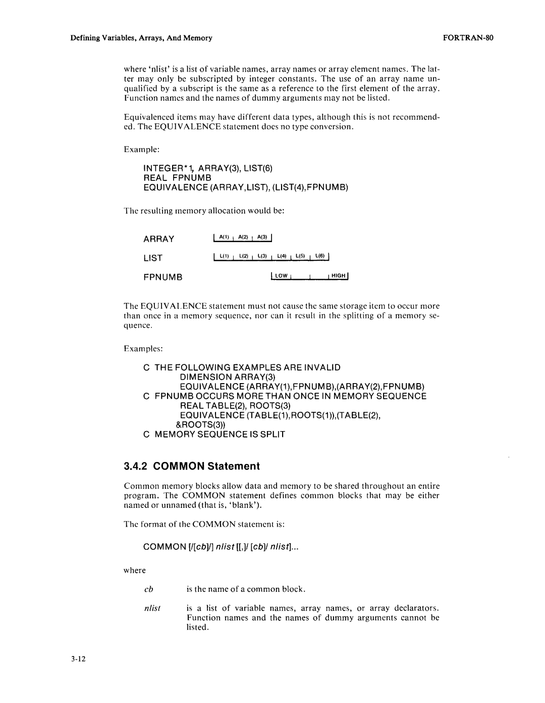 Intel fortran-80 manual Common Statement, Real Fpnumb, Array List, Common /eb! nlist ,/ eb! nlist 