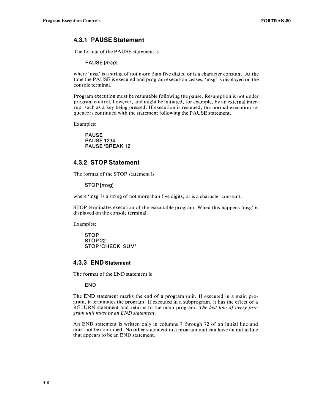 Intel fortran-80 manual Pause Statement, Stop Statement, Pause BREAK12, Stop Stop Checksum 