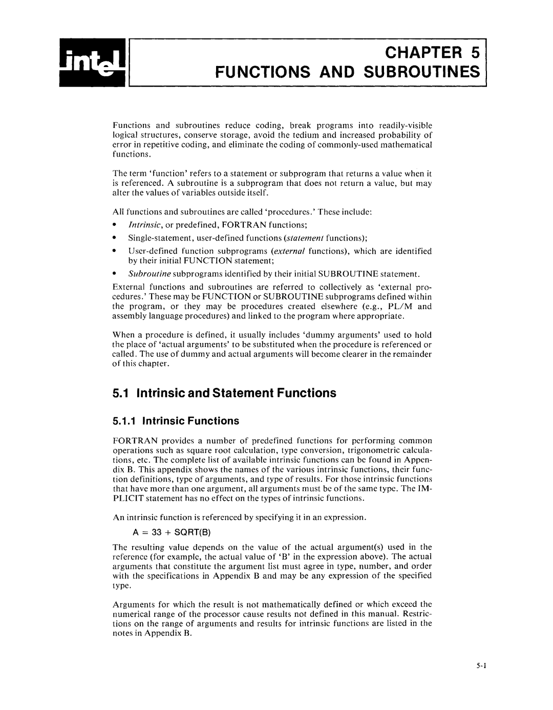 Intel fortran-80 manual Chapter Functions and Subroutines, Intrinsic and Statement Functions, Intrinsic Functions 