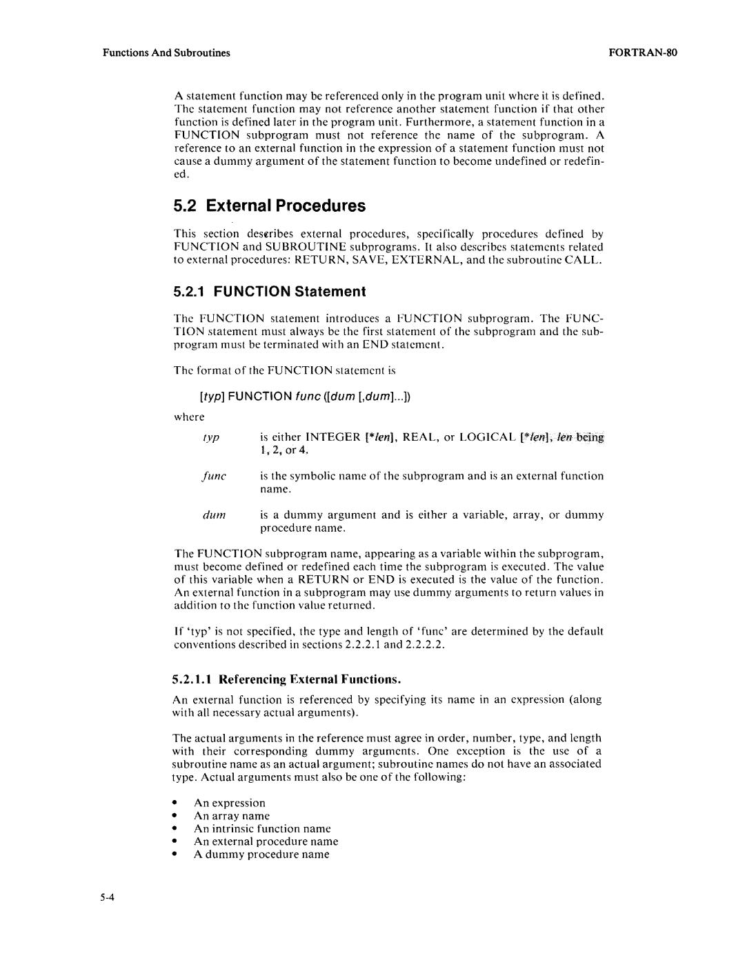 Intel fortran-80 manual External Procedures, Function Statement 