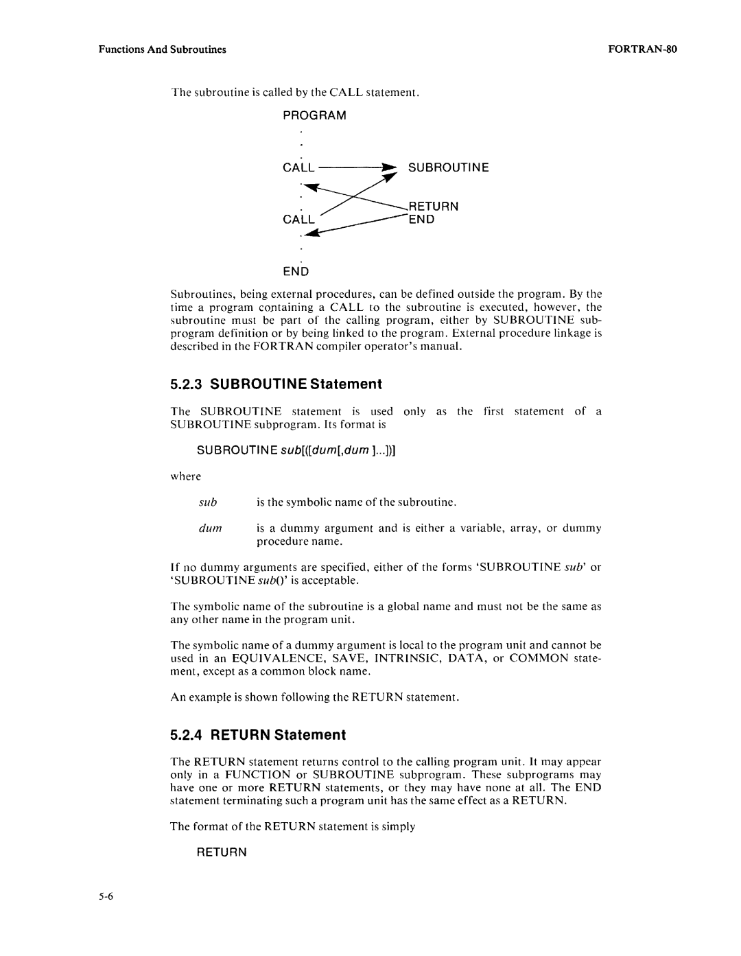 Intel fortran-80 Subroutine Statement, Retu RN Statement, Program CALL.. Subroutine, SU Brouti N E subdum,dum, Return 