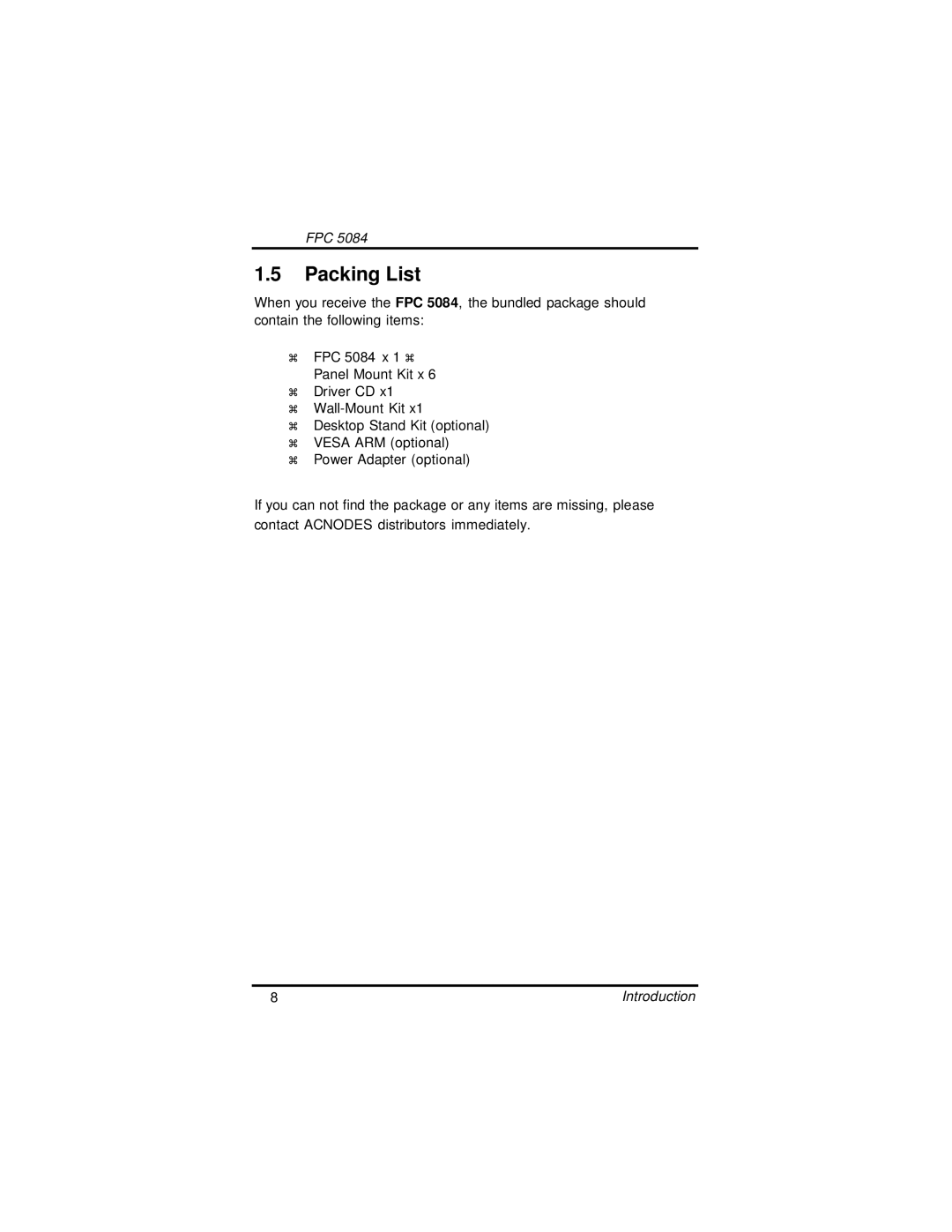 Intel FPC 5084, N270 user manual Packing List 