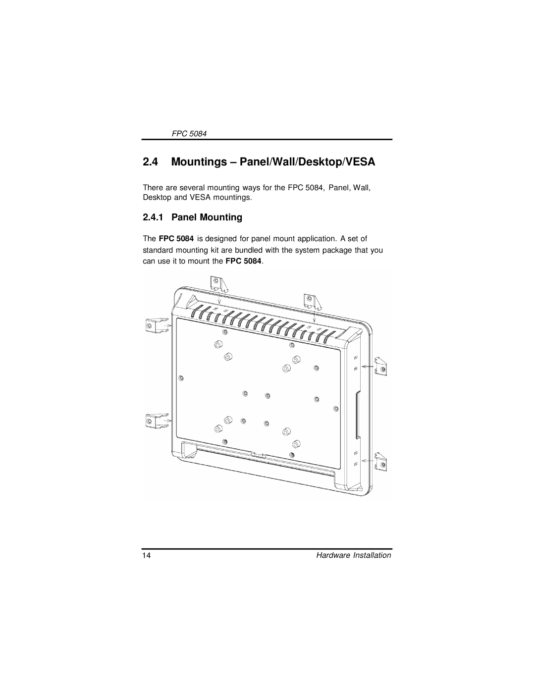 Intel FPC 5084, N270 user manual Mountings Panel/Wall/Desktop/VESA, Panel Mounting 