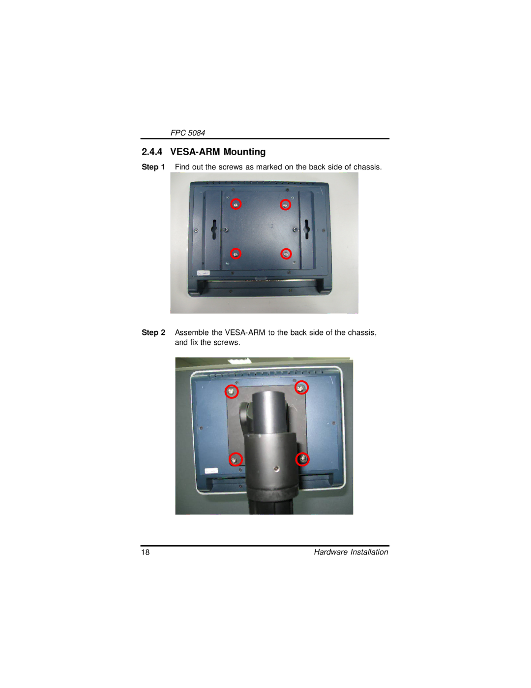 Intel FPC 5084, N270 user manual VESA-ARM Mounting 