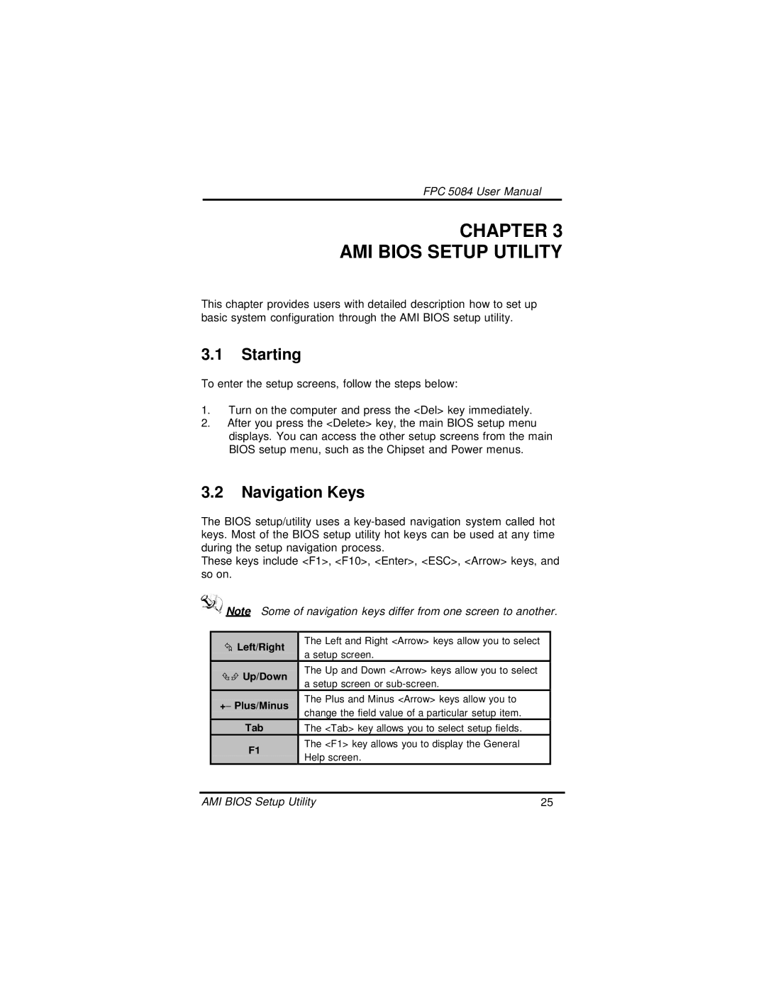 Intel N270, FPC 5084 user manual Starting, Navigation Keys 