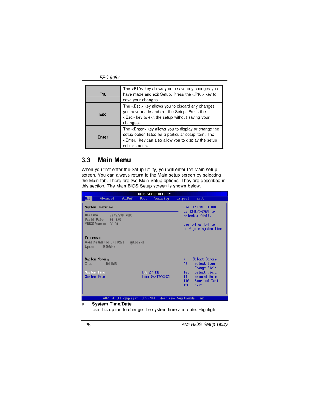 Intel FPC 5084, N270 user manual Main Menu, System Time/Date 