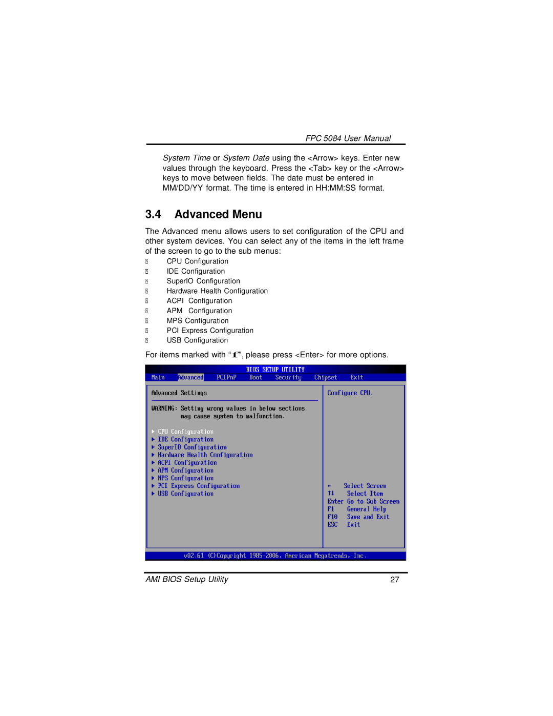 Intel N270, FPC 5084 user manual Advanced Menu 