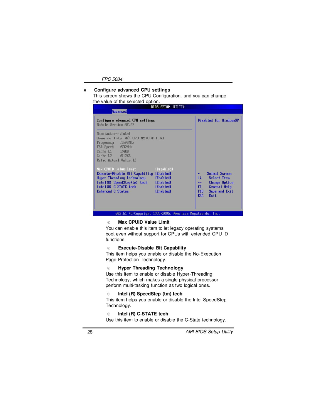 Intel FPC 5084, N270 user manual Configure advanced CPU settings, Max Cpuid Value Limit, Execute-Disable Bit Capability 