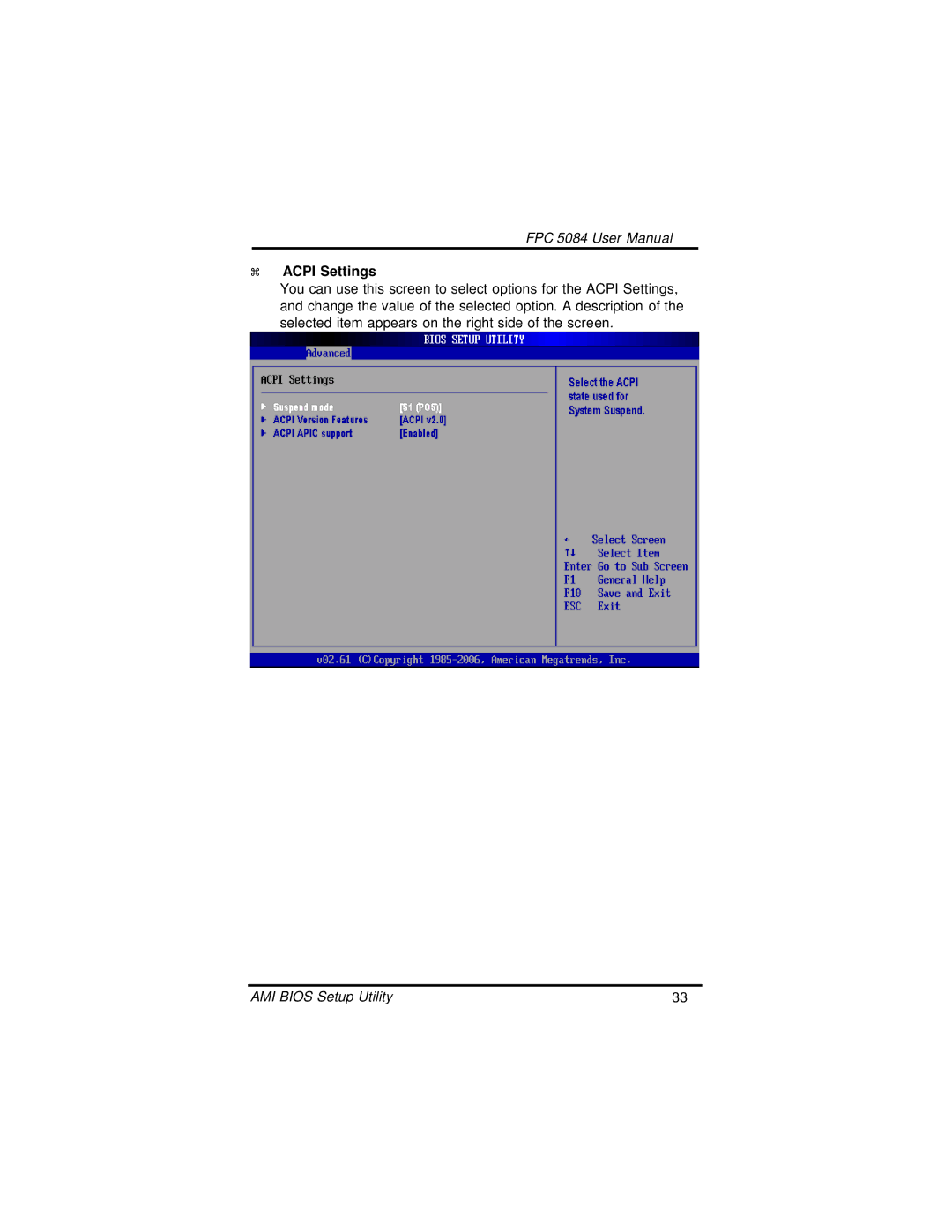 Intel N270, FPC 5084 user manual Acpi Settings 