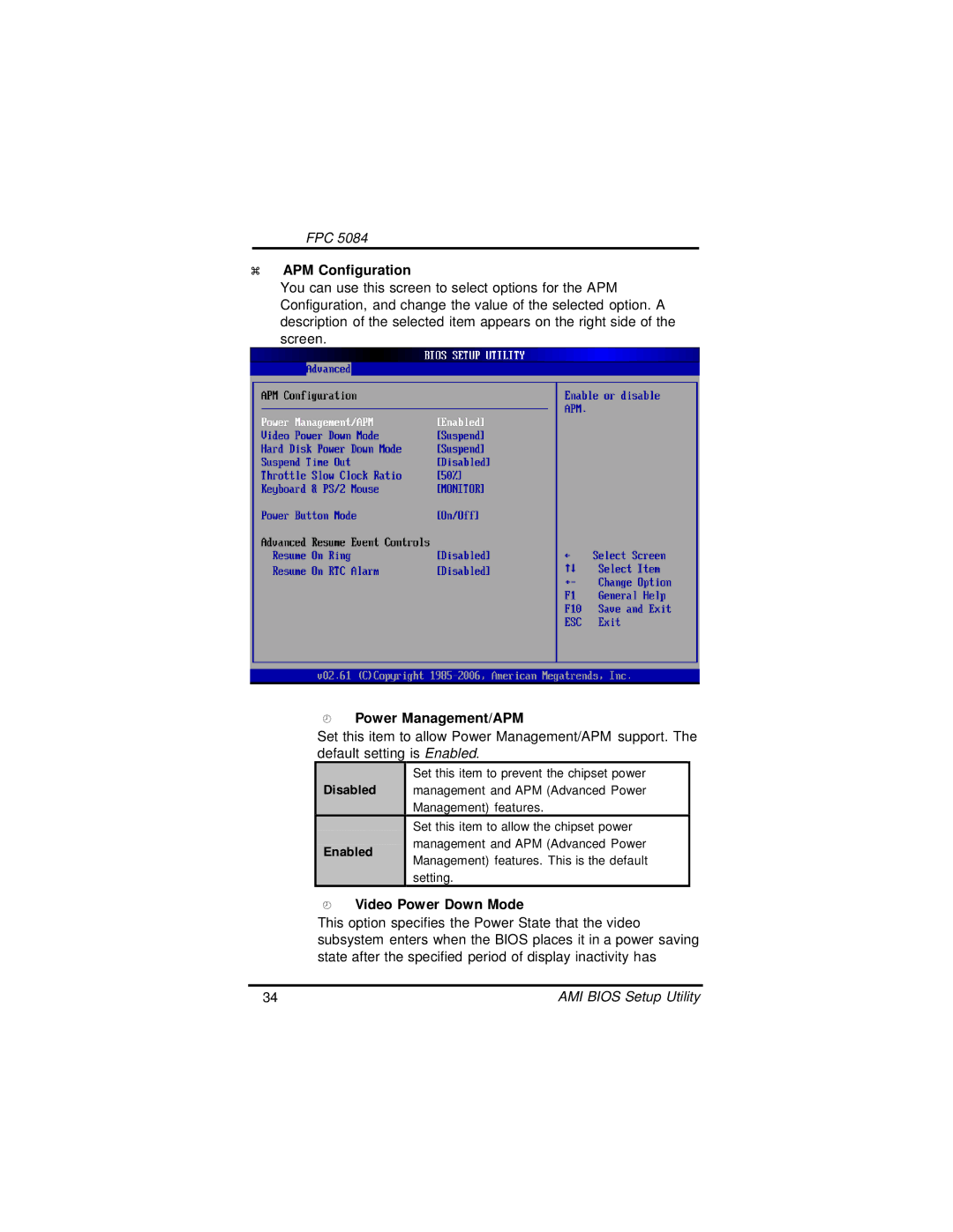 Intel FPC 5084, N270 user manual APM Configuration, Power Management/APM, Video Power Down Mode 