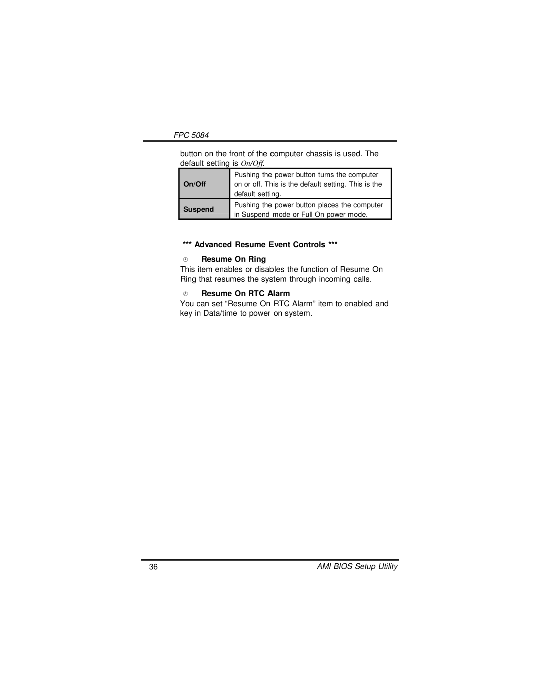 Intel FPC 5084, N270 user manual Advanced Resume Event Controls Resume On Ring, Resume On RTC Alarm 