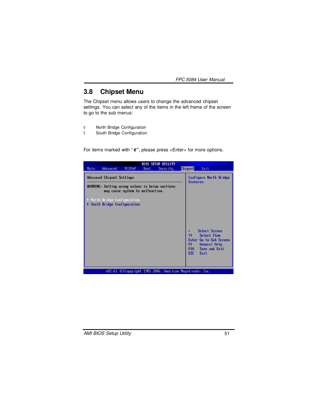 Intel N270, FPC 5084 user manual Chipset Menu 