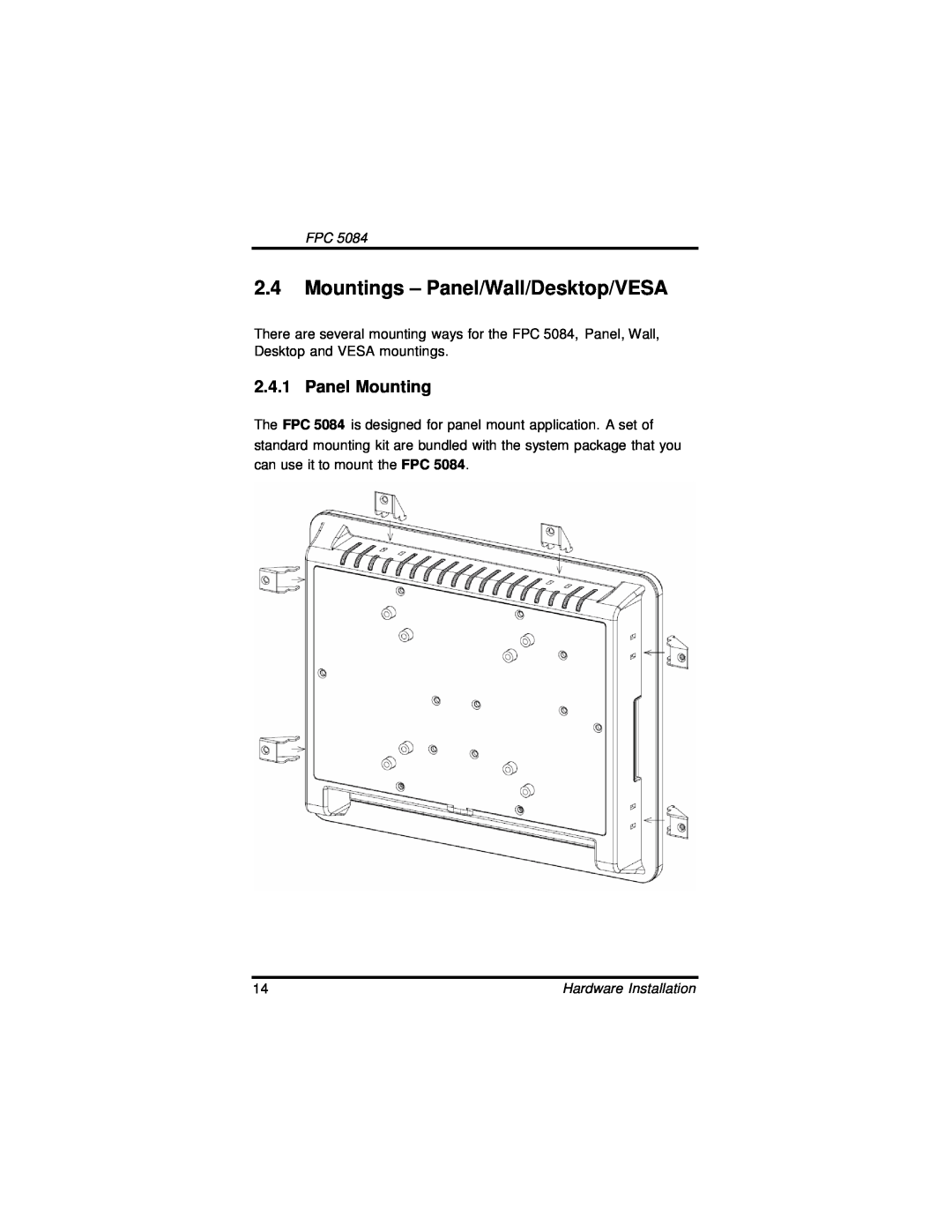 Intel FPC 5084, N270 user manual Mountings - Panel/Wall/Desktop/VESA, Panel Mounting 