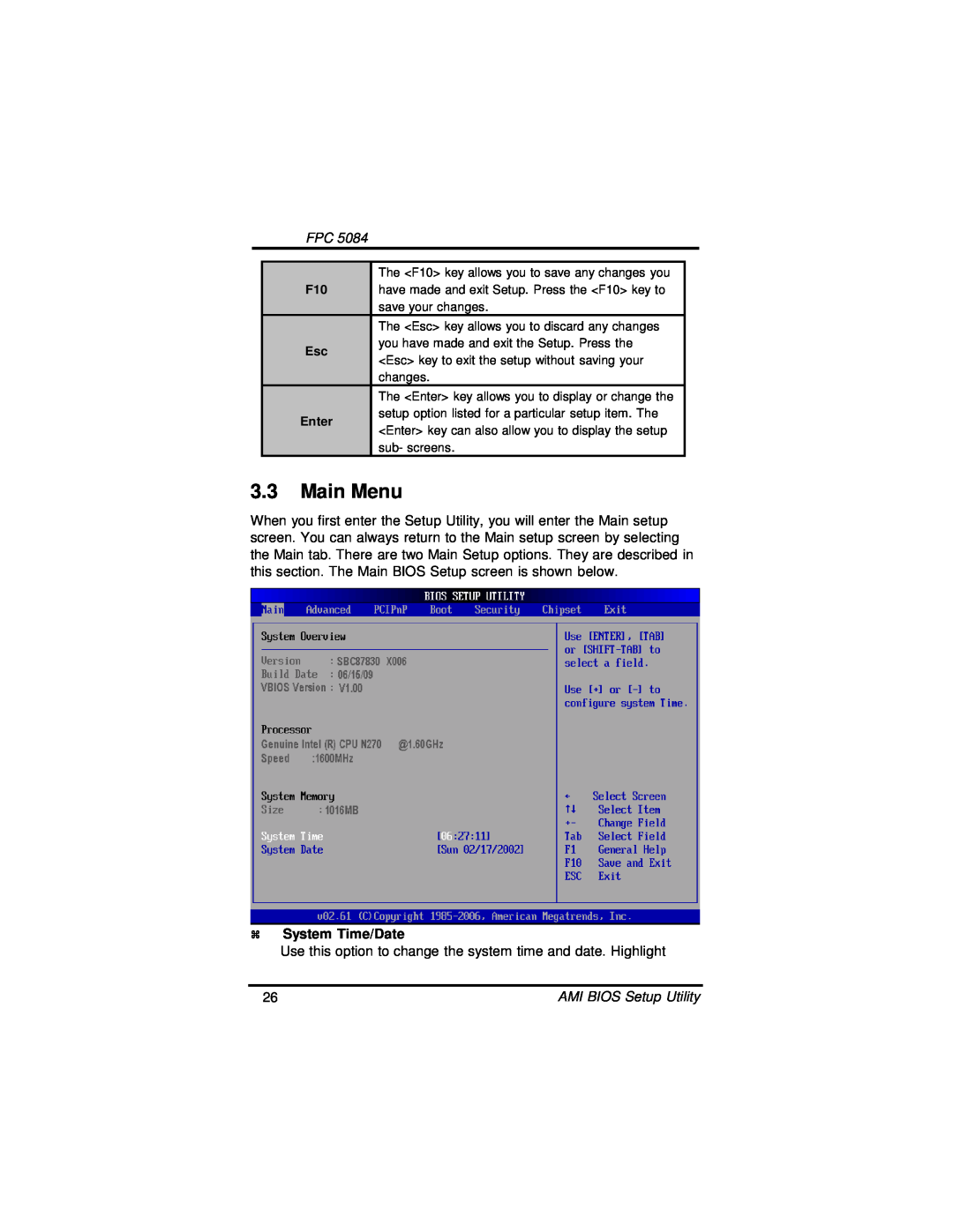 Intel FPC 5084, N270 user manual Main Menu, System Time/Date 