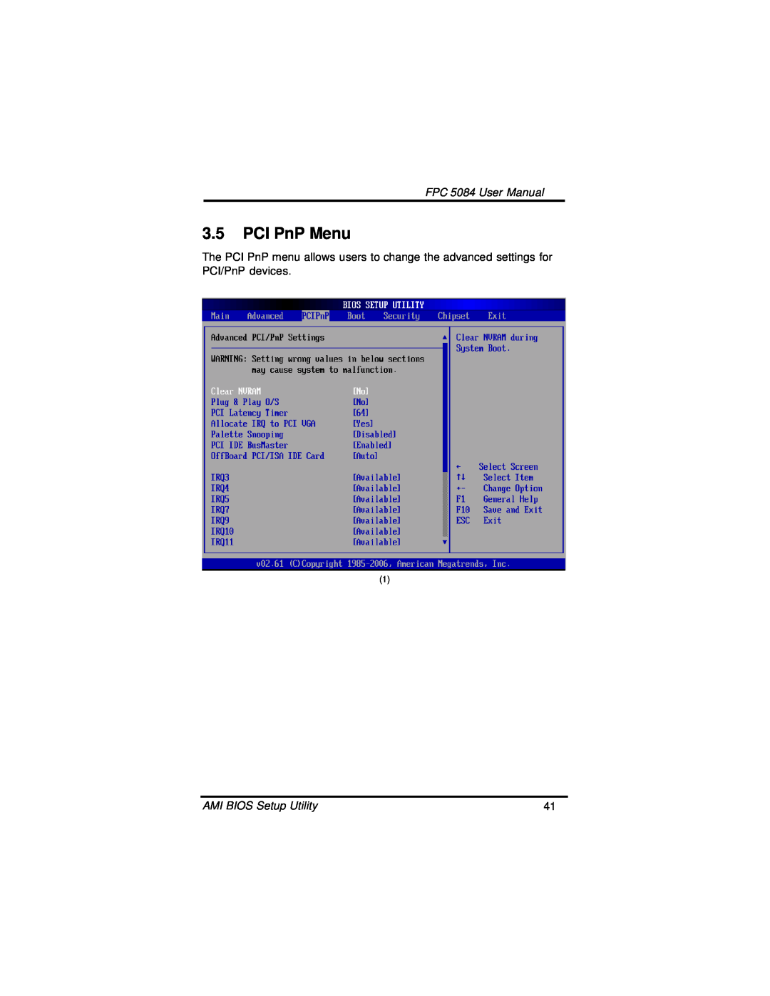 Intel N270, FPC 5084 user manual PCI PnP Menu 