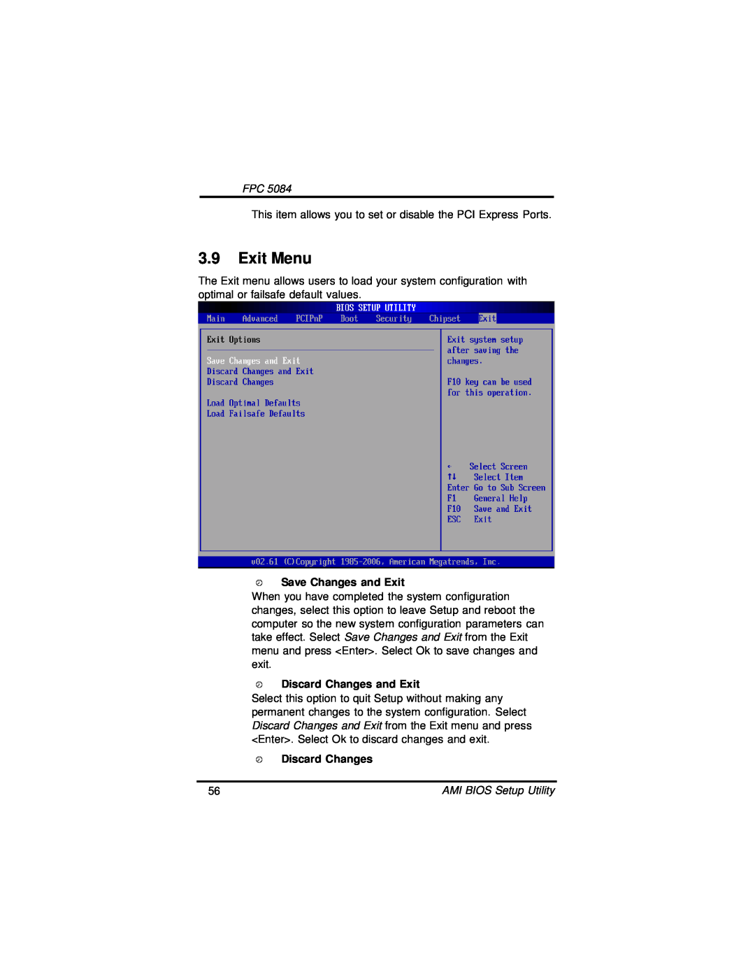 Intel FPC 5084, N270 user manual Exit Menu, Save Changes and Exit, Discard Changes and Exit 