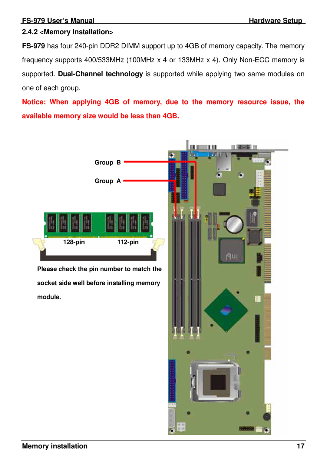 Intel user manual FS-979 User’s Manual Hardware Setup Memory Installation, Memory installation 