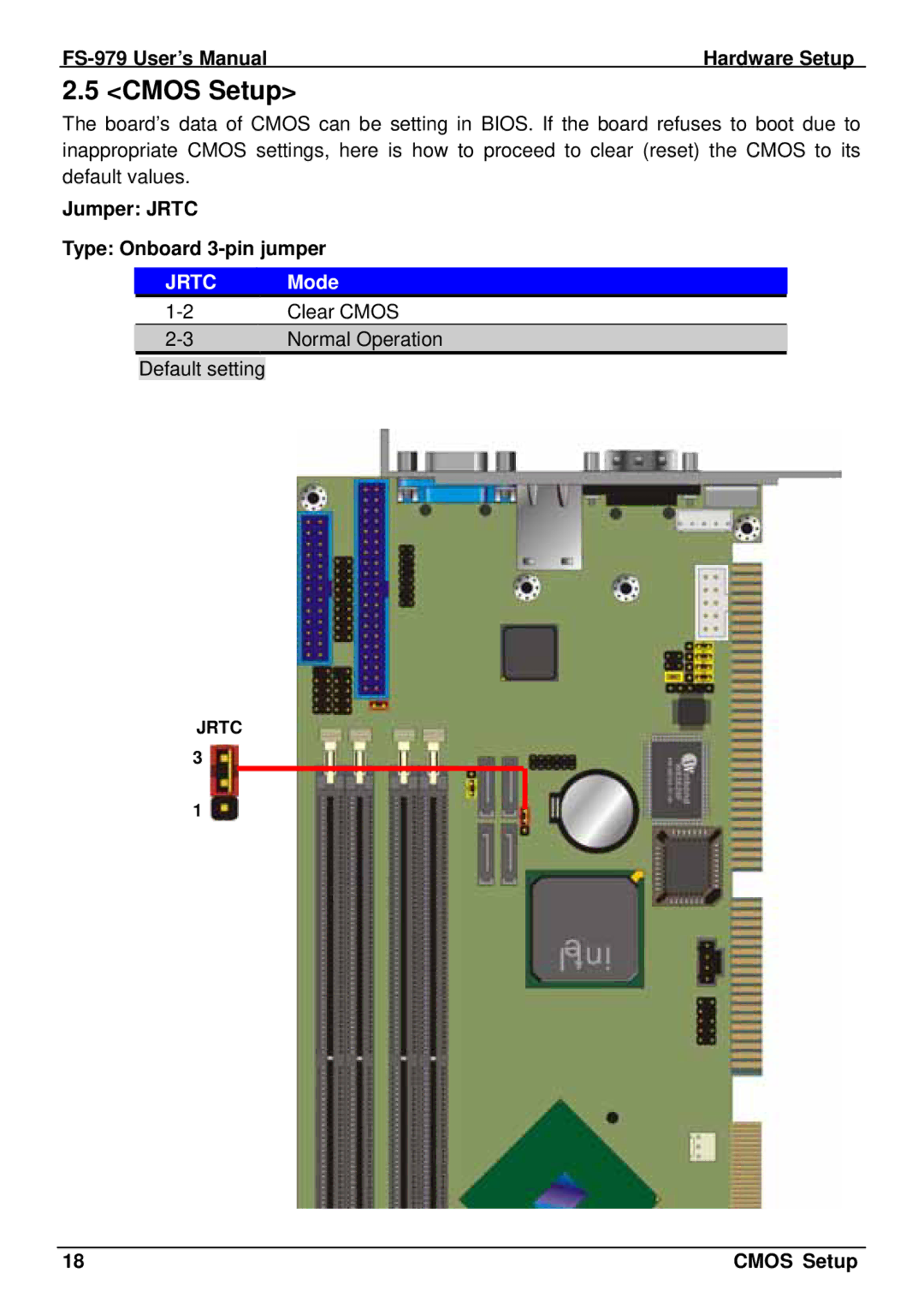 Intel FS-979 user manual Cmos Setup, Jumper Jrtc Type Onboard 3-pin jumper, Jrtc Mode 