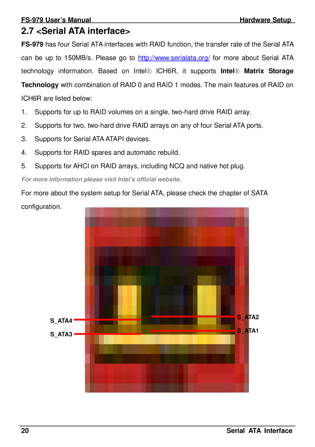 Intel FS-979 user manual Serial ATA interface, Serial ATA Interface 