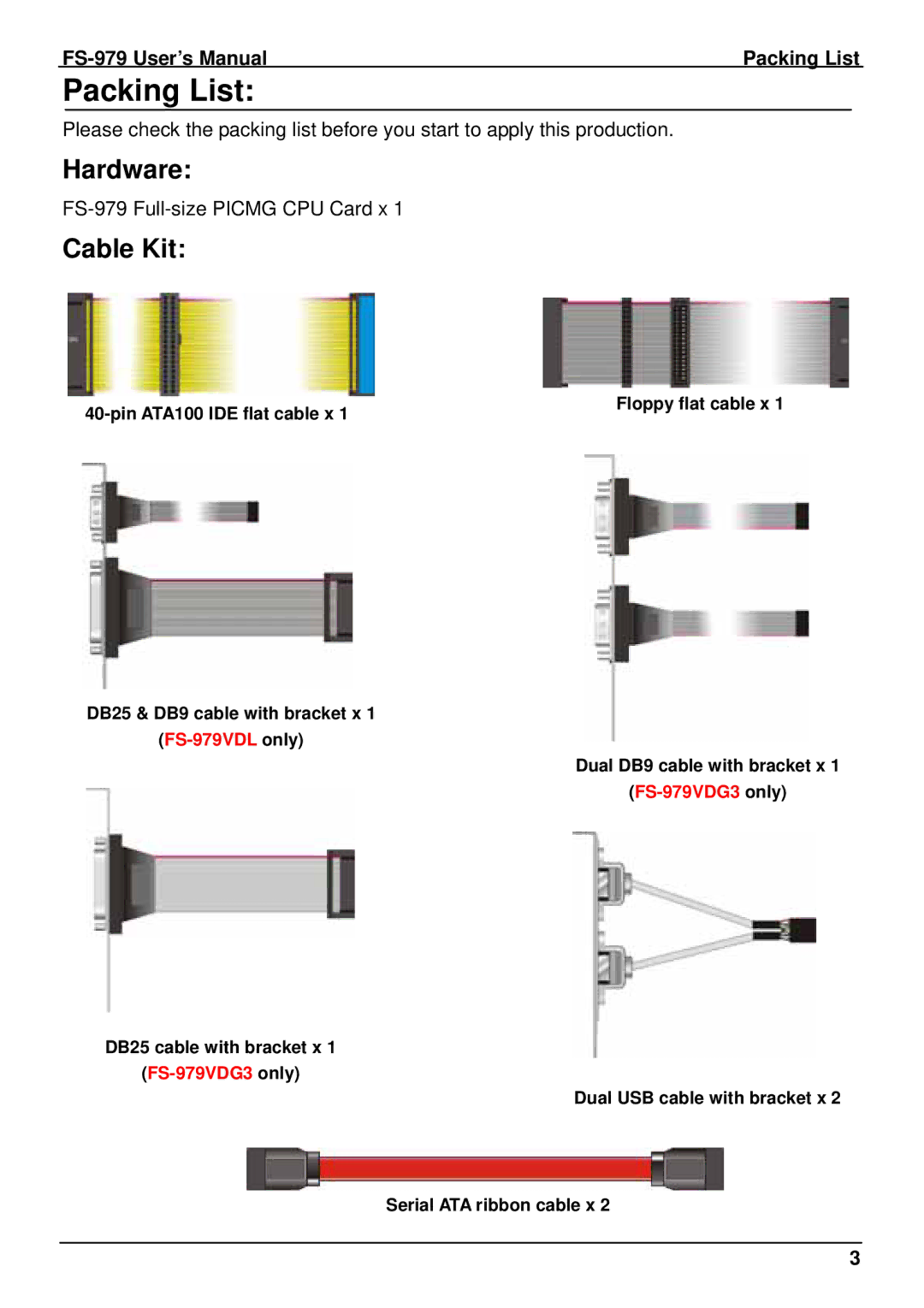 Intel user manual Hardware, Cable Kit, FS-979 User’s Manual Packing List 