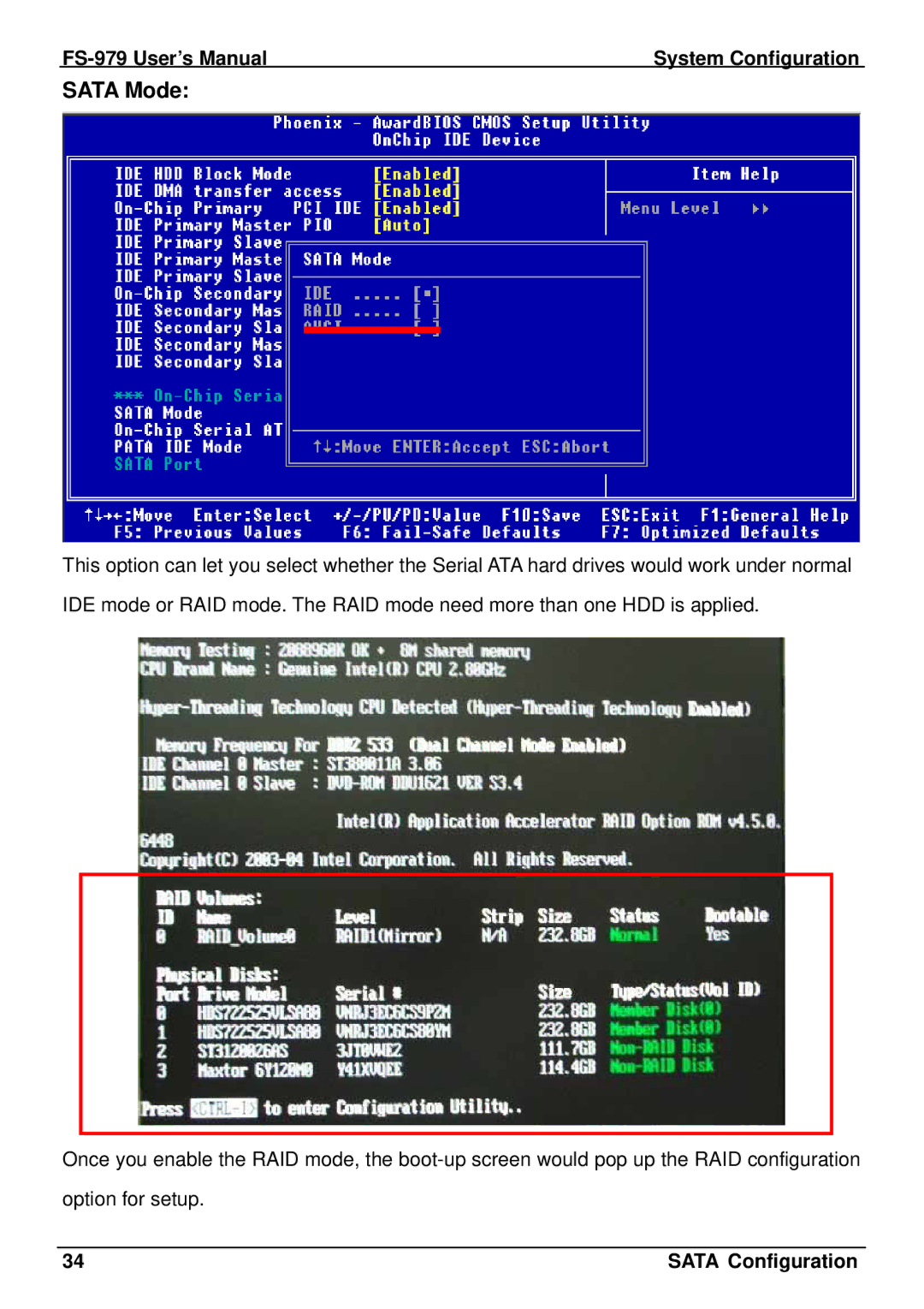 Intel FS-979 user manual Sata Mode 