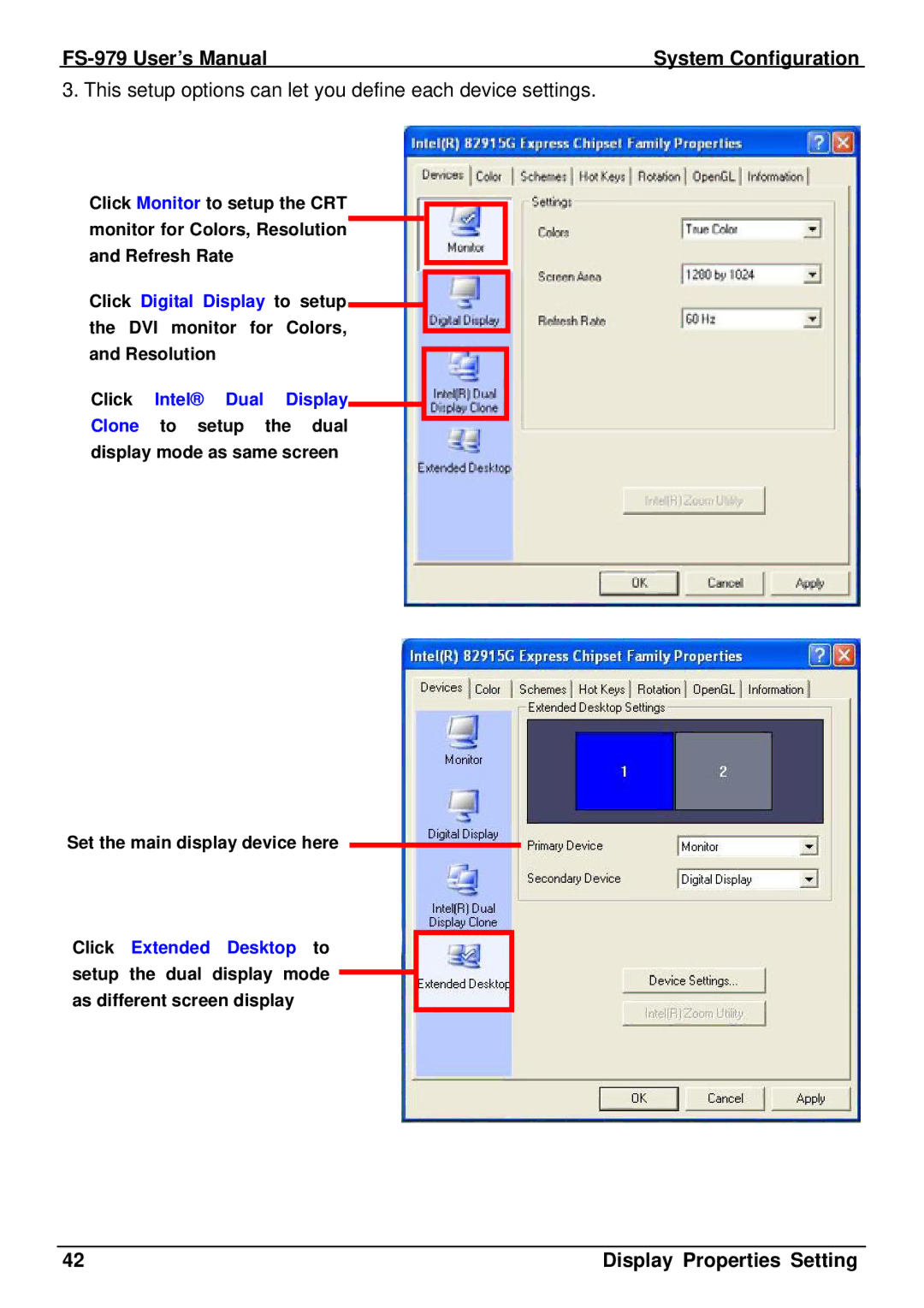 Intel FS-979 user manual This setup options can let you define each device settings 