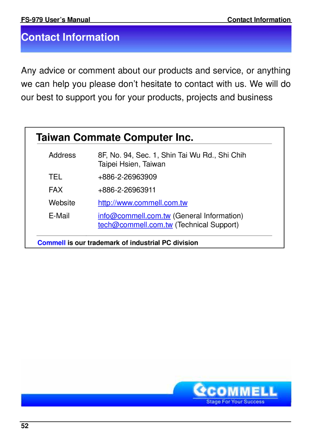 Intel user manual Taiwan Commate Computer Inc, FS-979 User’s Manual Contact Information 