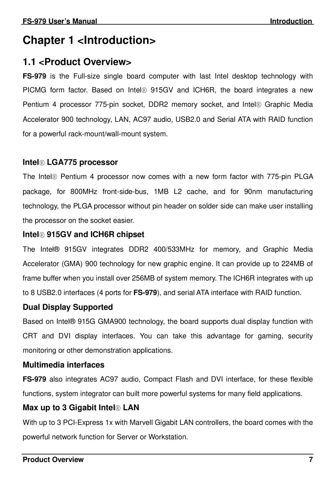 Intel FS-979 user manual Introduction, Product Overview 