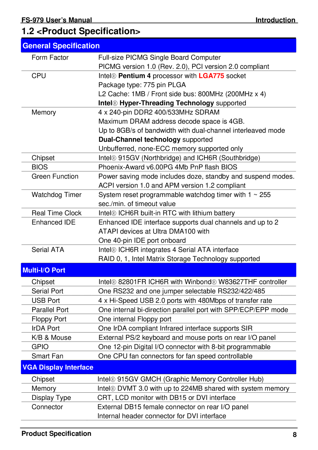 Intel FS-979 user manual Product Specification, Multi-I/O Port, VGA Display Interface 