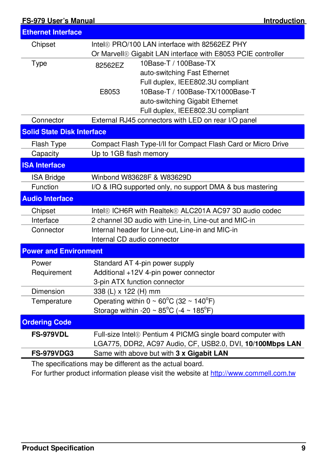 Intel FS-979 Ethernet Interface, Solid State Disk Interface, ISA Interface, Audio Interface, Power and Environment 