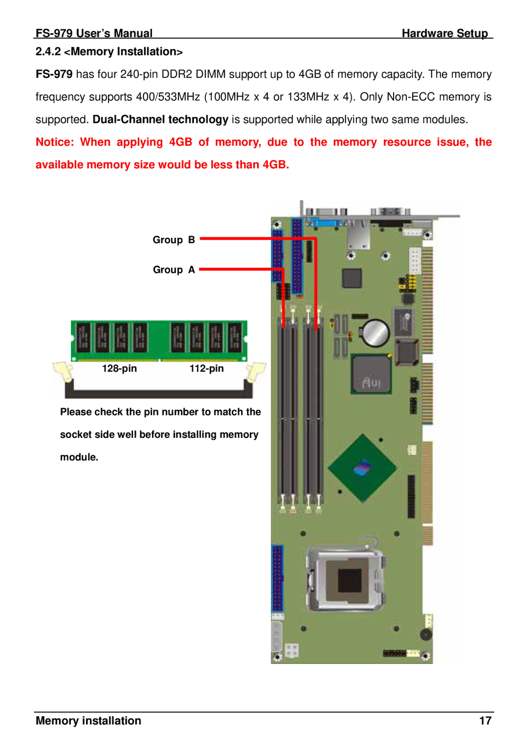 Intel user manual FS-979 User’s Manual Hardware Setup Memory Installation, Available memory size would be less than 4GB 