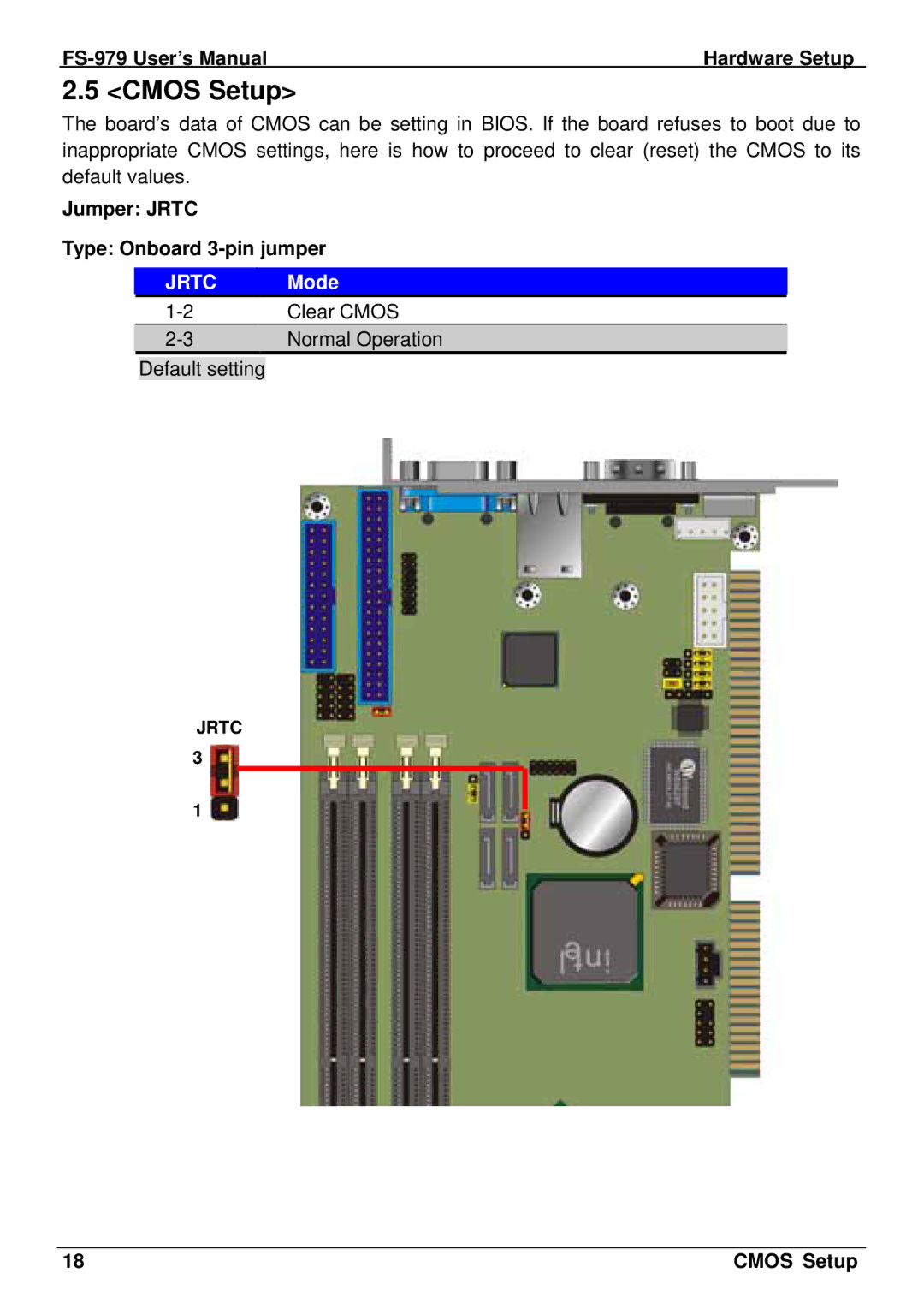 Intel FS-979 user manual Cmos Setup, Jumper Jrtc Type Onboard 3-pin jumper, Jrtc Mode 