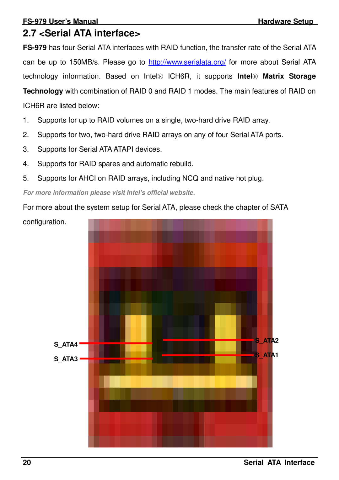 Intel FS-979 user manual Serial ATA interface, Serial ATA Interface 