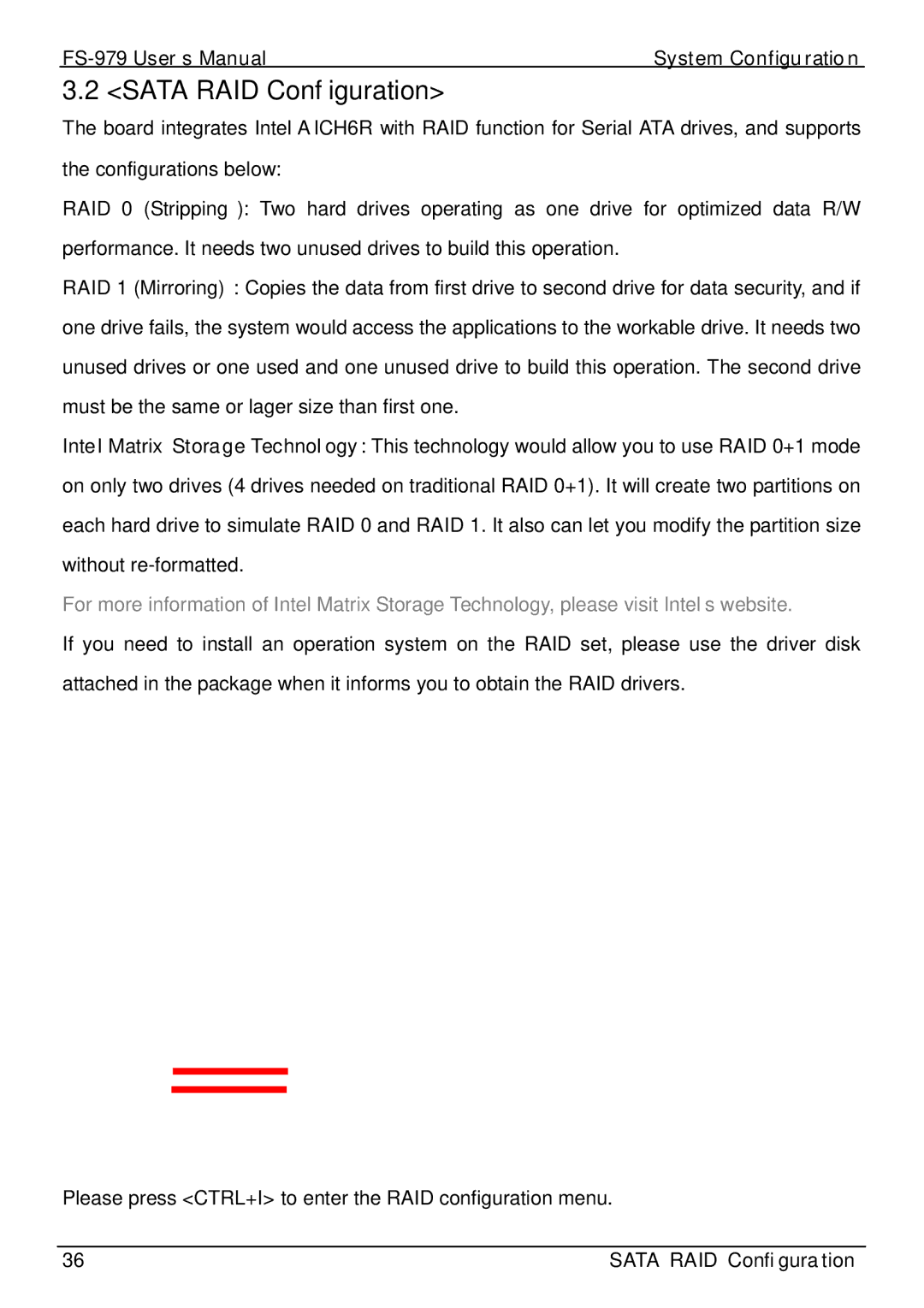 Intel FS-979 user manual Sata RAID Configuration 