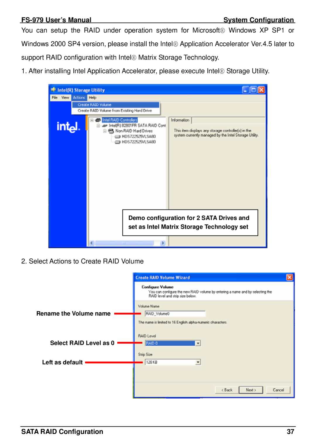 Intel FS-979 user manual Select Actions to Create RAID Volume 