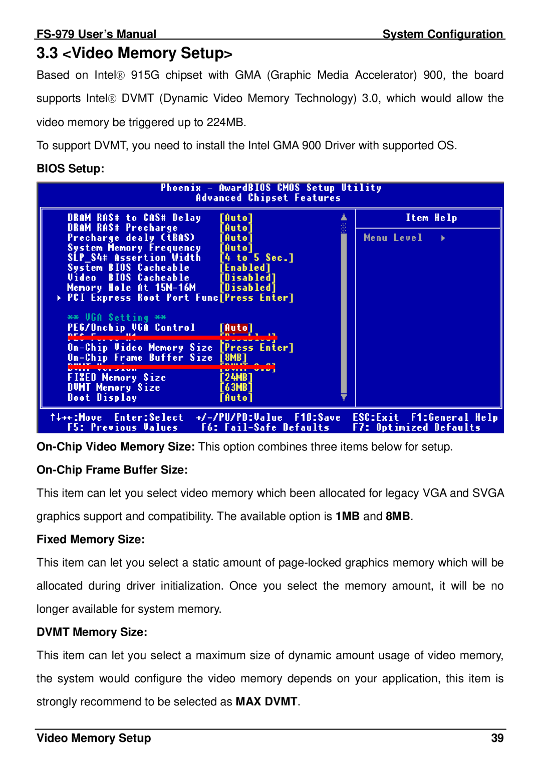 Intel FS-979 user manual Video Memory Setup 