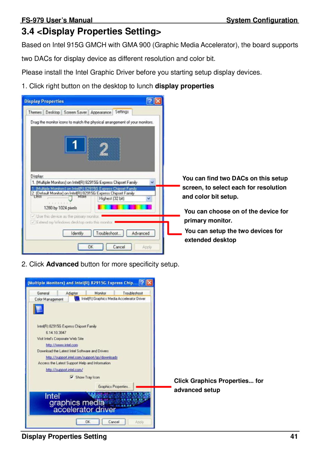 Intel FS-979 user manual Display Properties Setting 