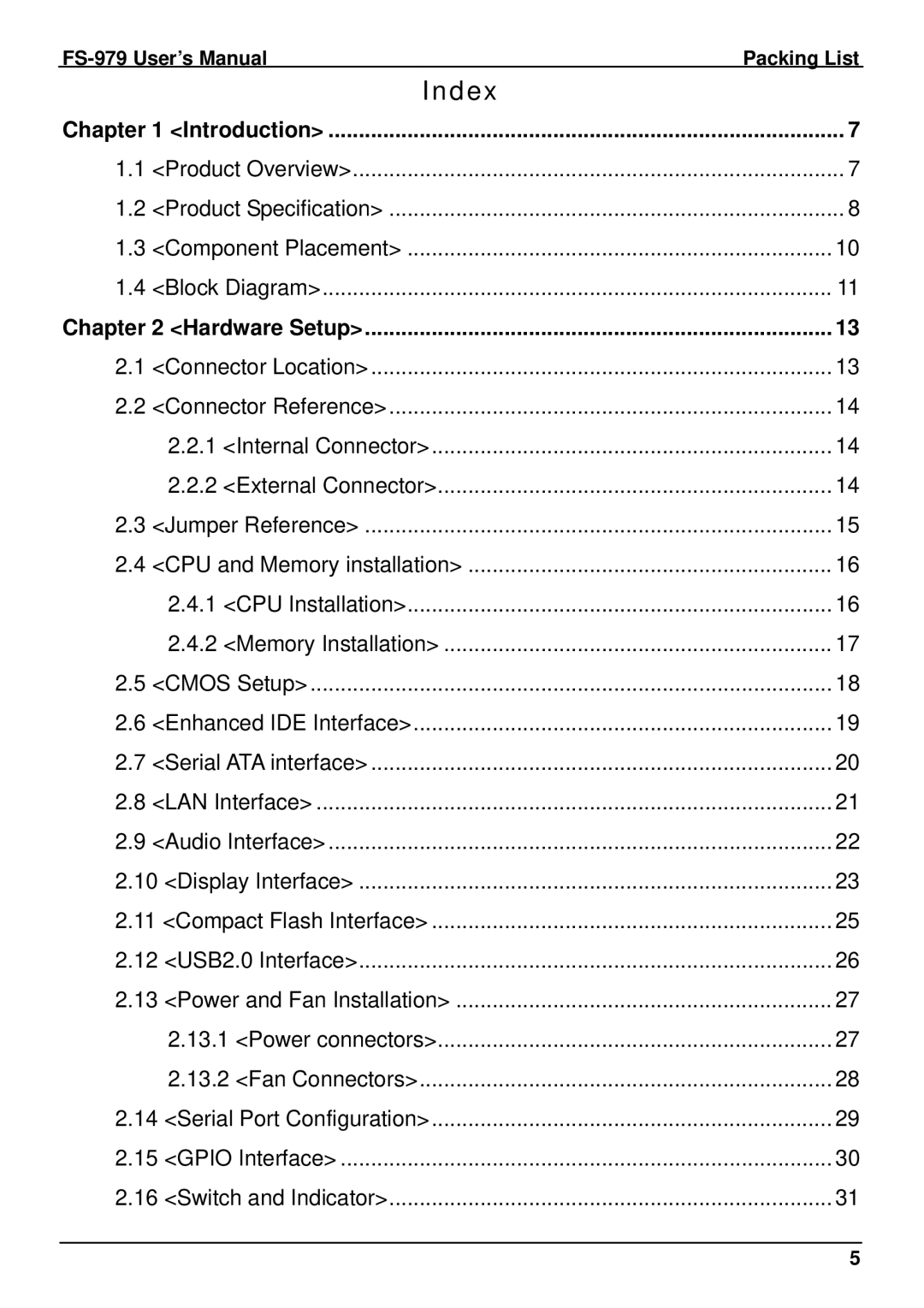 Intel FS-979 user manual Index, Chapter, Introduction, Hardware Setup 