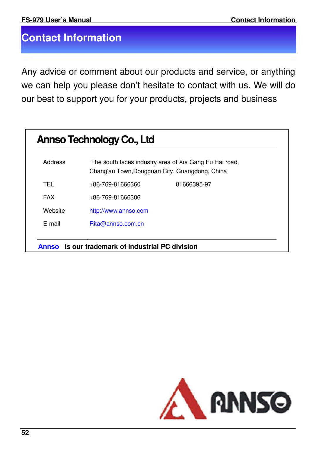 Intel user manual FS-979 User’s Manual Contact Information, Annso is our trademark of industrial PC division 